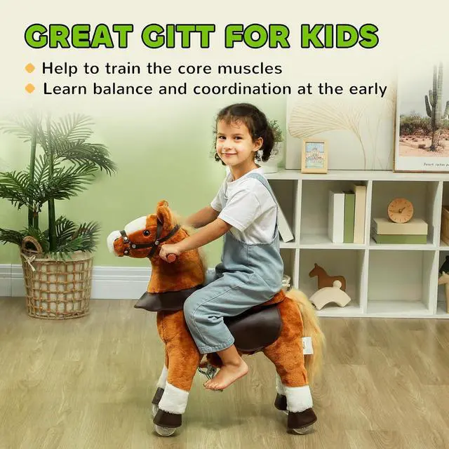 Alt view image 6 of 7 - Qaba Ride on Horse Plush Riding Pony for Kids 3-5 Years 27.6 Inch Brown | Walking Horse Animal, Rolling Wheels, Neighing Sound, Active Play, 132 lbs Load