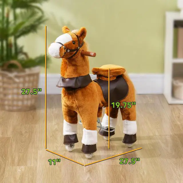 Alt view image 7 of 7 - Qaba Ride on Horse Plush Riding Pony for Kids 3-5 Years 27.6 Inch Brown | Walking Horse Animal, Rolling Wheels, Neighing Sound, Active Play, 132 lbs Load