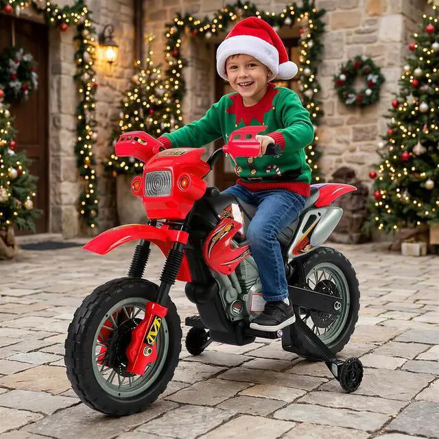 Alt view image 2 of 7 - 6V Kids Motorcycle Electric Motorcycle Dirt Bike Style Ages 5-8 Red | Street Bike Design, Battery Powered Ride On Toy, Training Wheels, Headlight, Music
