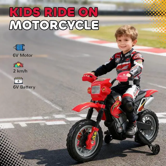 Alt view image 3 of 7 - 6V Kids Motorcycle Electric Motorcycle Dirt Bike Style Ages 5-8 Red | Street Bike Design, Battery Powered Ride On Toy, Training Wheels, Headlight, Music
