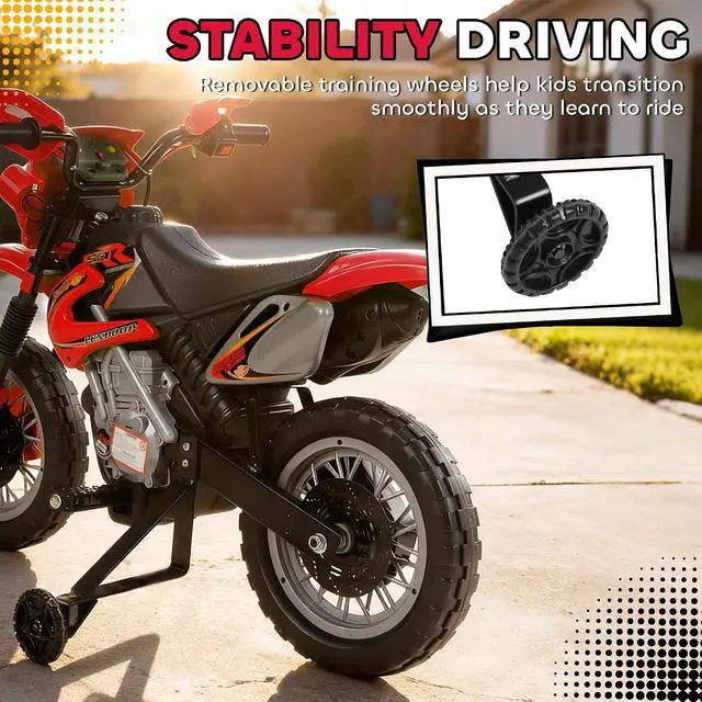 Alt view image 6 of 7 - 6V Kids Motorcycle Electric Motorcycle Dirt Bike Style Ages 5-8 Red | Street Bike Design, Battery Powered Ride On Toy, Training Wheels, Headlight, Music