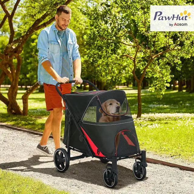 Alt view image 2 of 7 - PawHut Dog Stroller One-Click Foldable Pet Cat Stroller with Storage Black | for Large Medium Small Dogs up to 66 Lbs. 23.5" in Body Length, Shock Absorption Wheels, Mesh Window, Safety Leash