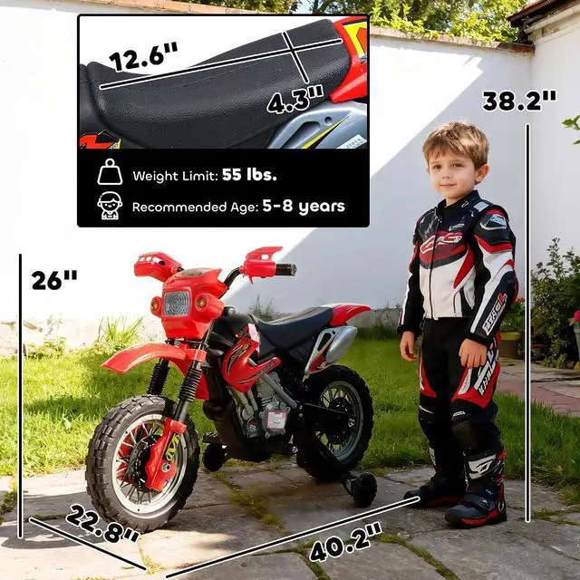 Alt view image 7 of 7 - 6V Kids Motorcycle Electric Motorcycle Dirt Bike Style Ages 5-8 Red | Street Bike Design, Battery Powered Ride On Toy, Training Wheels, Headlight, Music