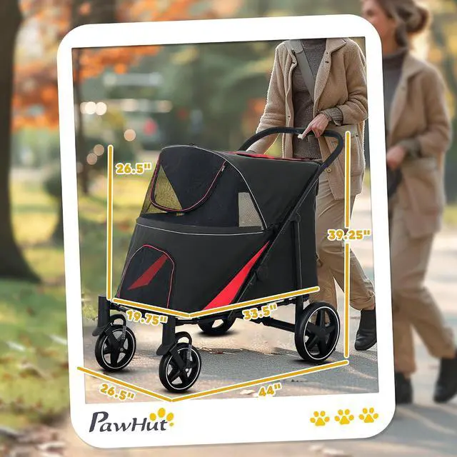 Alt view image 3 of 7 - PawHut Dog Stroller One-Click Foldable Pet Cat Stroller with Storage Black | for Large Medium Small Dogs up to 66 Lbs. 23.5" in Body Length, Shock Absorption Wheels, Mesh Window, Safety Leash