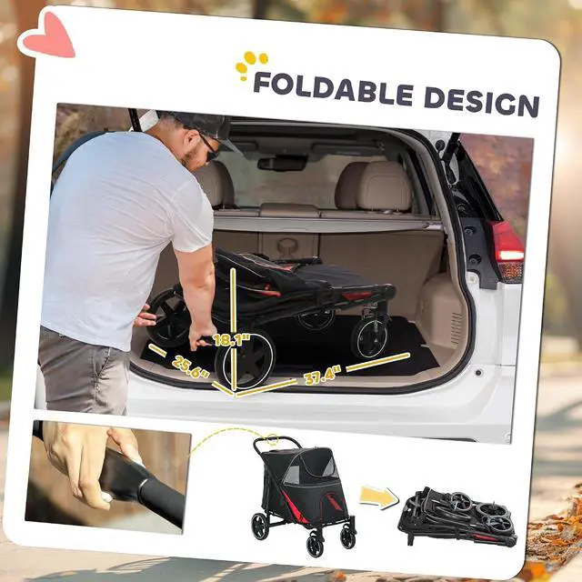 Alt view image 5 of 7 - PawHut Dog Stroller One-Click Foldable Pet Cat Stroller with Storage Black | for Large Medium Small Dogs up to 66 Lbs. 23.5" in Body Length, Shock Absorption Wheels, Mesh Window, Safety Leash
