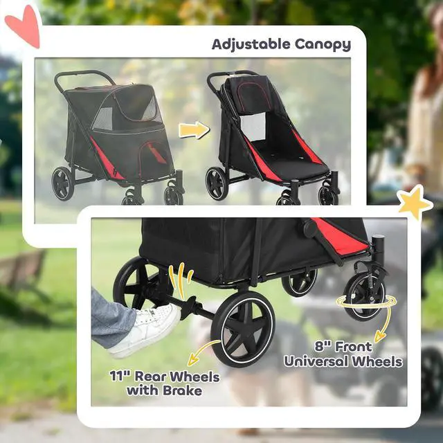 Alt view image 6 of 7 - PawHut Dog Stroller One-Click Foldable Pet Cat Stroller with Storage Black | for Large Medium Small Dogs up to 66 Lbs. 23.5" in Body Length, Shock Absorption Wheels, Mesh Window, Safety Leash