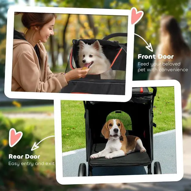 Alt view image 7 of 7 - PawHut Dog Stroller One-Click Foldable Pet Cat Stroller with Storage Black | for Large Medium Small Dogs up to 66 Lbs. 23.5" in Body Length, Shock Absorption Wheels, Mesh Window, Safety Leash