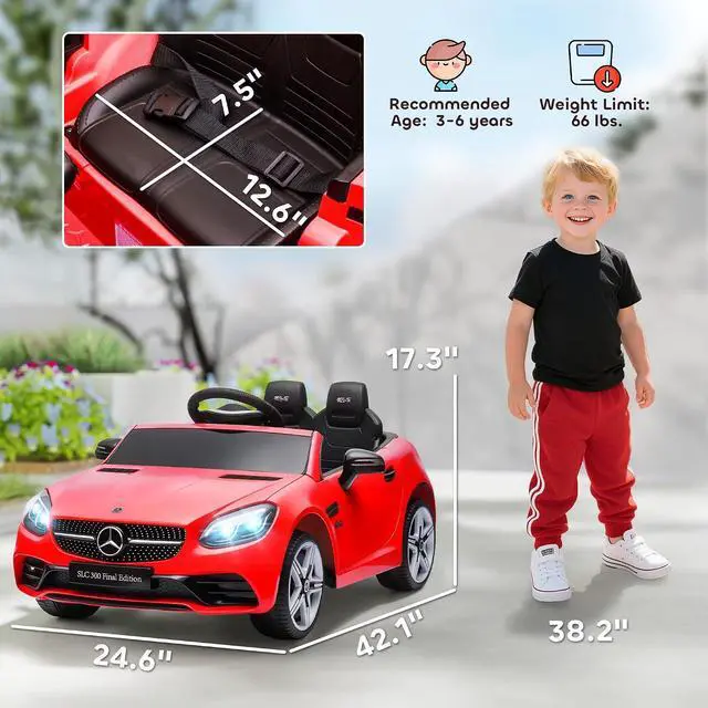Alt view image 7 of 7 - Mercedes SLC 300 Licensed 12V Ride On Car for Kids for 3-6 Y Red | Remote Control, 2 Speeds, Battery Powered Kids Electric Car, Music, Lights, Suspension