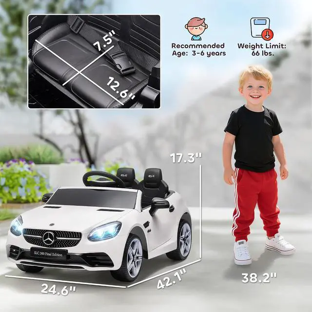 Alt view image 7 of 7 - Mercedes SLC 300 Licensed 12V Ride On Car for Kids for 3-6 Y White | Remote Control, 2 Speeds, Battery Powered Kids Electric Car, Music, Lights, Suspension