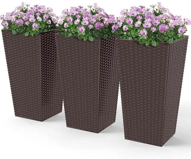 Main image of 24 in Taper Tall Planters for Outdoor Plants Set of 3, Brown | with Drainage Holes, Rattan Decor Plant Pots, Indoor Outdoor, Front Porch Patio Backyard