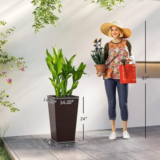 Alt view image 3 of 7 - 24 in Taper Tall Planters for Outdoor Plants Set of 3, Brown | with Drainage Holes, Rattan Decor Plant Pots, Indoor Outdoor, Front Porch Patio Backyard