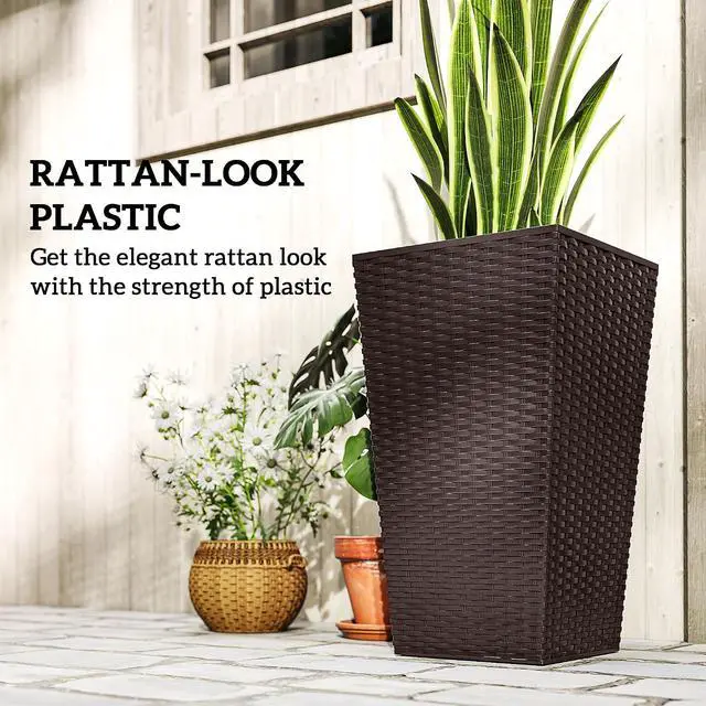 Alt view image 6 of 7 - 24 in Taper Tall Planters for Outdoor Plants Set of 3, Brown | with Drainage Holes, Rattan Decor Plant Pots, Indoor Outdoor, Front Porch Patio Backyard