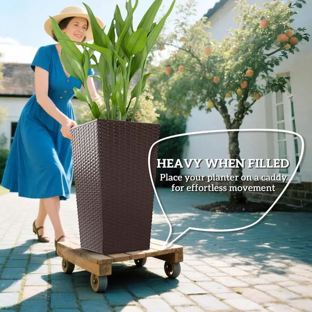 Alt view image 4 of 7 - 24 in Taper Tall Planters for Outdoor Plants Set of 3, Brown | with Drainage Holes, Rattan Decor Plant Pots, Indoor Outdoor, Front Porch Patio Backyard