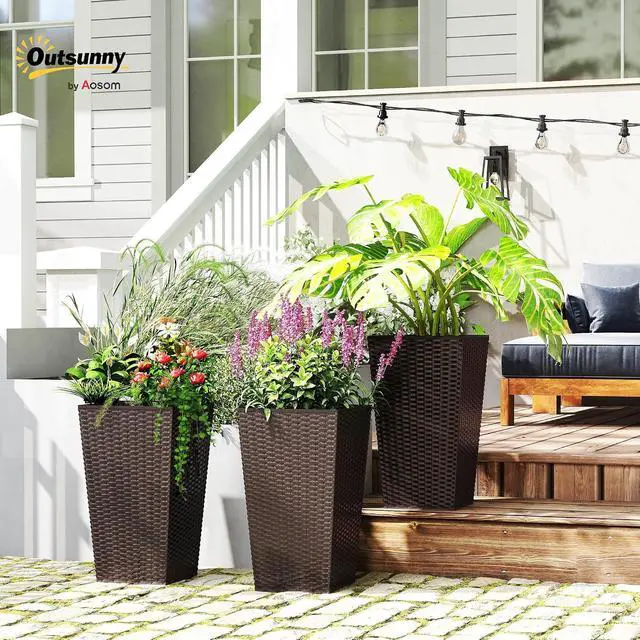 Alt view image 2 of 7 - 24 in Taper Tall Planters for Outdoor Plants Set of 3, Brown | with Drainage Holes, Rattan Decor Plant Pots, Indoor Outdoor, Front Porch Patio Backyard