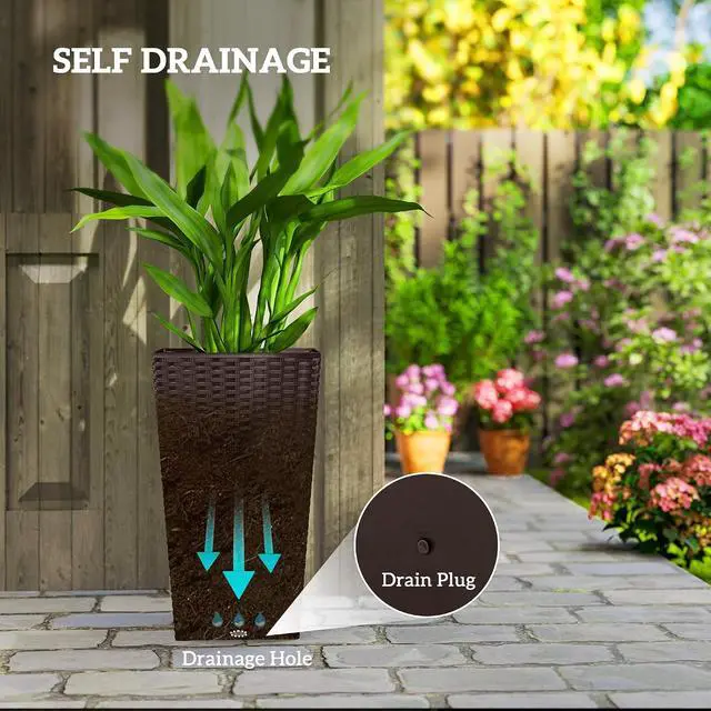 Alt view image 5 of 7 - 24 in Taper Tall Planters for Outdoor Plants Set of 3, Brown | with Drainage Holes, Rattan Decor Plant Pots, Indoor Outdoor, Front Porch Patio Backyard