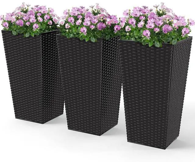 Main image of 24 in Taper Tall Planters for Outdoor Plants Set of 3, Black | with Drainage Holes, Rattan Decor Plant Pots, Indoor Outdoor, Front Porch Patio Backyard