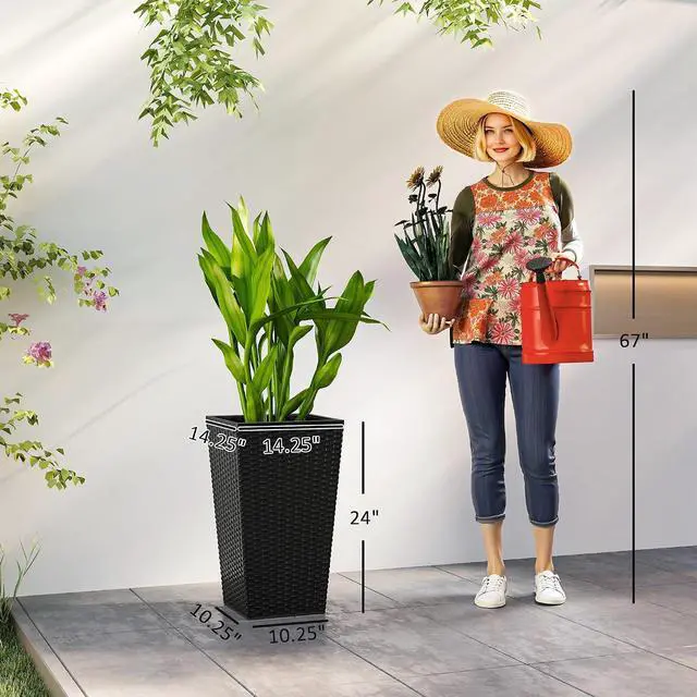 Alt view image 3 of 7 - 24 in Taper Tall Planters for Outdoor Plants Set of 3, Black | with Drainage Holes, Rattan Decor Plant Pots, Indoor Outdoor, Front Porch Patio Backyard