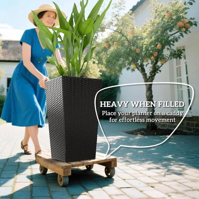 Alt view image 4 of 7 - 24 in Taper Tall Planters for Outdoor Plants Set of 3, Black | with Drainage Holes, Rattan Decor Plant Pots, Indoor Outdoor, Front Porch Patio Backyard
