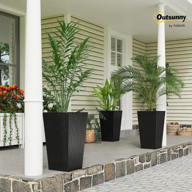 Alt view image 2 of 7 - 24 in Taper Tall Planters for Outdoor Plants Set of 3, Black | with Drainage Holes, Rattan Decor Plant Pots, Indoor Outdoor, Front Porch Patio Backyard