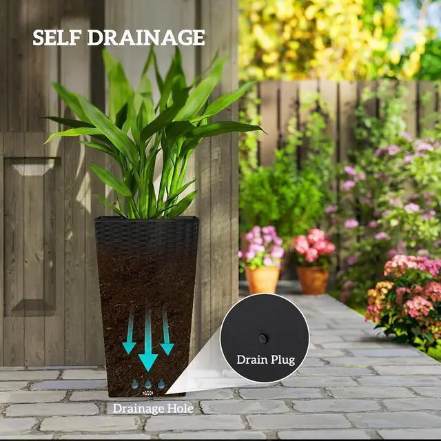 Alt view image 5 of 7 - 24 in Taper Tall Planters for Outdoor Plants Set of 3, Black | with Drainage Holes, Rattan Decor Plant Pots, Indoor Outdoor, Front Porch Patio Backyard