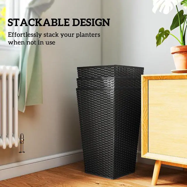 Alt view image 7 of 7 - 24 in Taper Tall Planters for Outdoor Plants Set of 3, Black | with Drainage Holes, Rattan Decor Plant Pots, Indoor Outdoor, Front Porch Patio Backyard