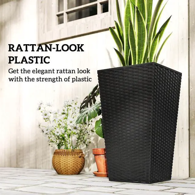 Alt view image 6 of 7 - 24 in Taper Tall Planters for Outdoor Plants Set of 3, Black | with Drainage Holes, Rattan Decor Plant Pots, Indoor Outdoor, Front Porch Patio Backyard