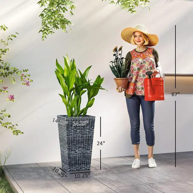 Alt view image 3 of 7 - 24 in Taper Tall Planters for Outdoor Plants Set of 3, Gray | with Drainage Holes, Rattan Decor Plant Pots, Indoor Outdoor, Front Porch Patio Backyard