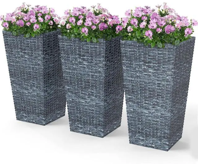Main image of 24 in Taper Tall Planters for Outdoor Plants Set of 3, Gray | with Drainage Holes, Rattan Decor Plant Pots, Indoor Outdoor, Front Porch Patio Backyard