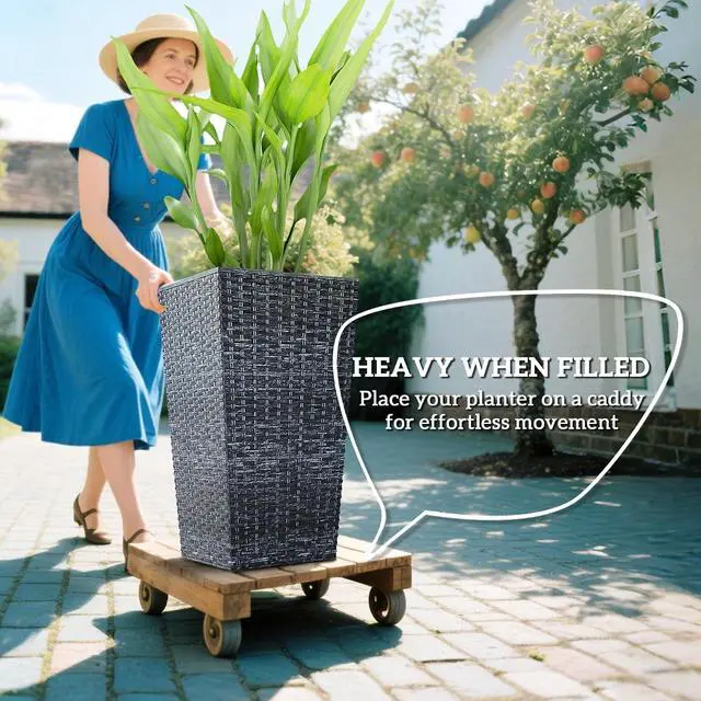 Alt view image 4 of 7 - 24 in Taper Tall Planters for Outdoor Plants Set of 3, Gray | with Drainage Holes, Rattan Decor Plant Pots, Indoor Outdoor, Front Porch Patio Backyard