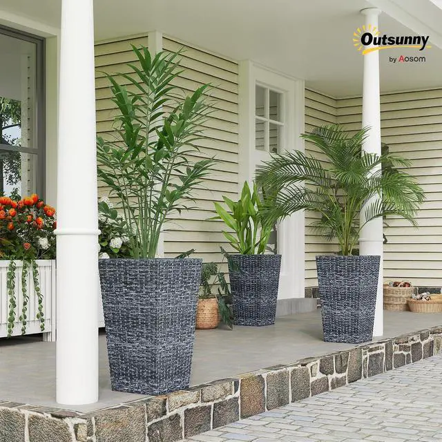 Alt view image 2 of 7 - 24 in Taper Tall Planters for Outdoor Plants Set of 3, Gray | with Drainage Holes, Rattan Decor Plant Pots, Indoor Outdoor, Front Porch Patio Backyard