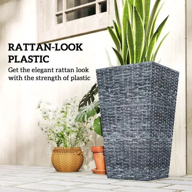 Alt view image 6 of 7 - 24 in Taper Tall Planters for Outdoor Plants Set of 3, Gray | with Drainage Holes, Rattan Decor Plant Pots, Indoor Outdoor, Front Porch Patio Backyard