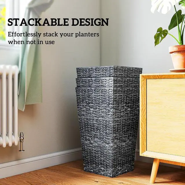 Alt view image 7 of 7 - 24 in Taper Tall Planters for Outdoor Plants Set of 3, Gray | with Drainage Holes, Rattan Decor Plant Pots, Indoor Outdoor, Front Porch Patio Backyard