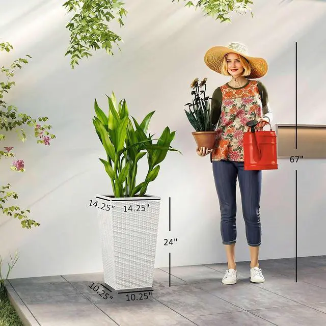 Alt view image 3 of 7 - 24 in Taper Tall Planters for Outdoor Plants Set of 3, White | with Drainage Holes, Rattan Decor Plant Pots, Indoor Outdoor, Front Porch Patio Backyard