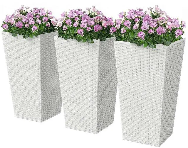 Main image of 24 in Taper Tall Planters for Outdoor Plants Set of 3, White | with Drainage Holes, Rattan Decor Plant Pots, Indoor Outdoor, Front Porch Patio Backyard