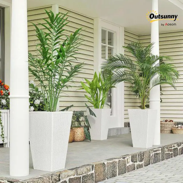 Alt view image 2 of 7 - 24 in Taper Tall Planters for Outdoor Plants Set of 3, White | with Drainage Holes, Rattan Decor Plant Pots, Indoor Outdoor, Front Porch Patio Backyard