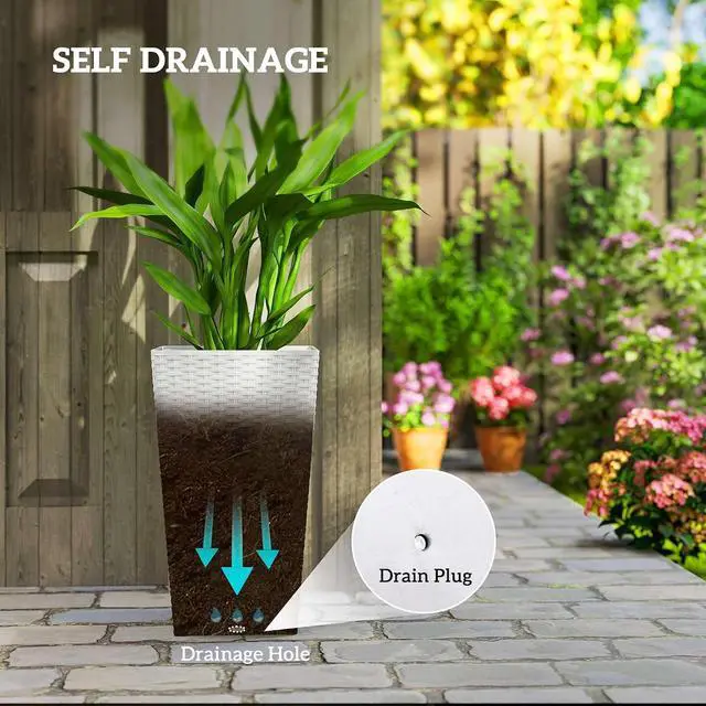 Alt view image 5 of 7 - 24 in Taper Tall Planters for Outdoor Plants Set of 3, White | with Drainage Holes, Rattan Decor Plant Pots, Indoor Outdoor, Front Porch Patio Backyard