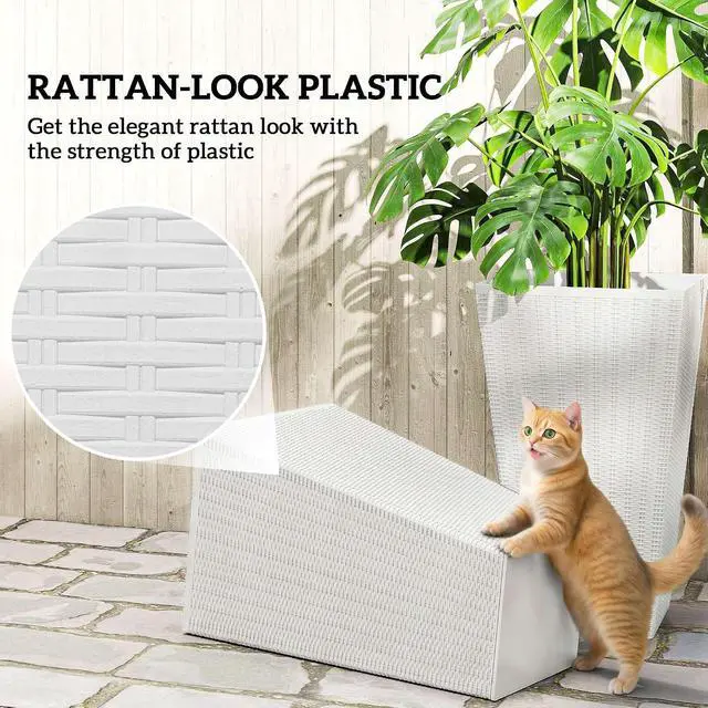 Alt view image 6 of 7 - 24 in Taper Tall Planters for Outdoor Plants Set of 3, White | with Drainage Holes, Rattan Decor Plant Pots, Indoor Outdoor, Front Porch Patio Backyard