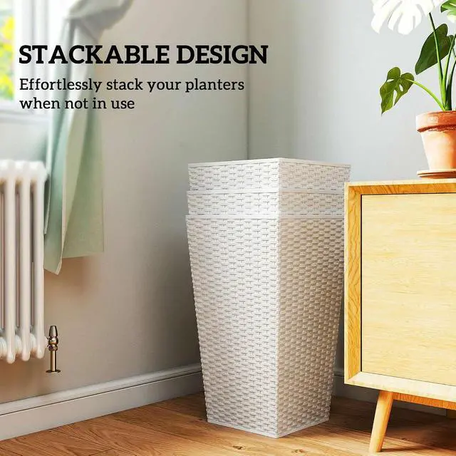 Alt view image 7 of 7 - 24 in Taper Tall Planters for Outdoor Plants Set of 3, White | with Drainage Holes, Rattan Decor Plant Pots, Indoor Outdoor, Front Porch Patio Backyard