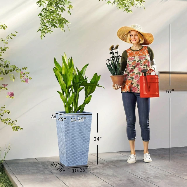 Alt view image 3 of 7 - 24 in Taper Tall Planters for Outdoor Plants Set of 3, Light Gray | with Drainage Holes, Rattan Decor Plant Pots, Indoor Outdoor, Front Porch Patio Backyard