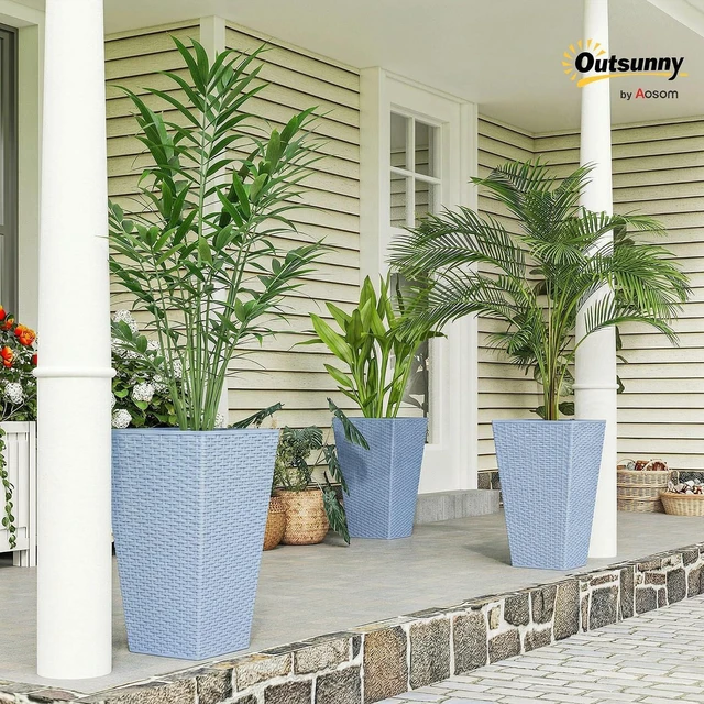 Alt view image 2 of 7 - 24 in Taper Tall Planters for Outdoor Plants Set of 3, Light Gray | with Drainage Holes, Rattan Decor Plant Pots, Indoor Outdoor, Front Porch Patio Backyard