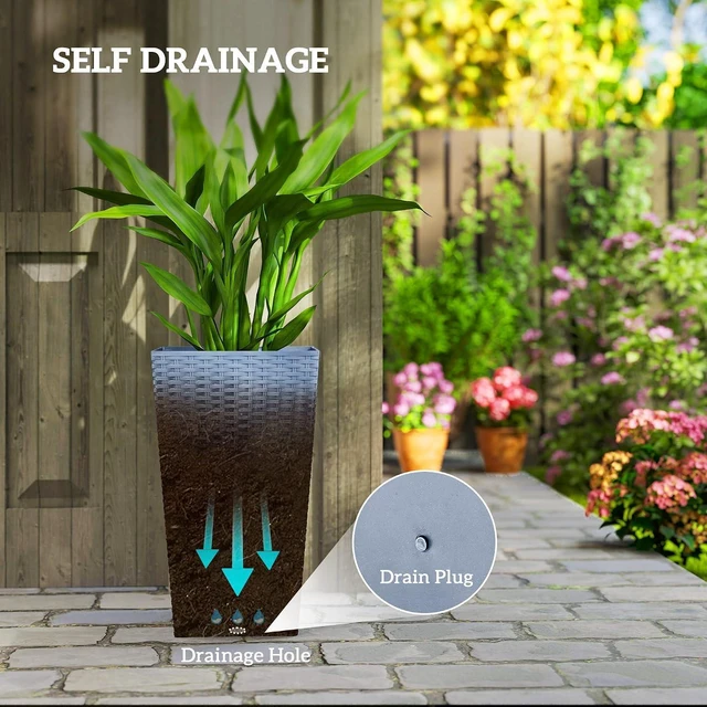 Alt view image 5 of 7 - 24 in Taper Tall Planters for Outdoor Plants Set of 3, Light Gray | with Drainage Holes, Rattan Decor Plant Pots, Indoor Outdoor, Front Porch Patio Backyard