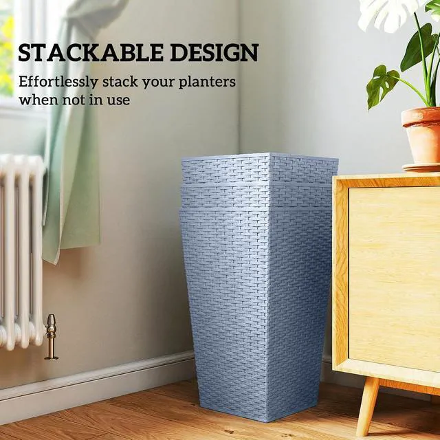 Alt view image 7 of 7 - 24 in Taper Tall Planters for Outdoor Plants Set of 3, Light Gray | with Drainage Holes, Rattan Decor Plant Pots, Indoor Outdoor, Front Porch Patio Backyard
