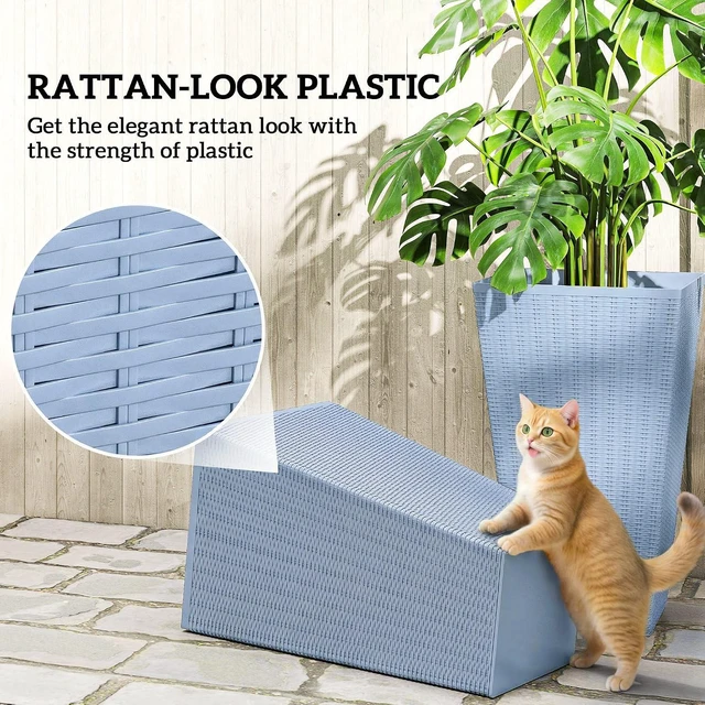 Alt view image 6 of 7 - 24 in Taper Tall Planters for Outdoor Plants Set of 3, Light Gray | with Drainage Holes, Rattan Decor Plant Pots, Indoor Outdoor, Front Porch Patio Backyard