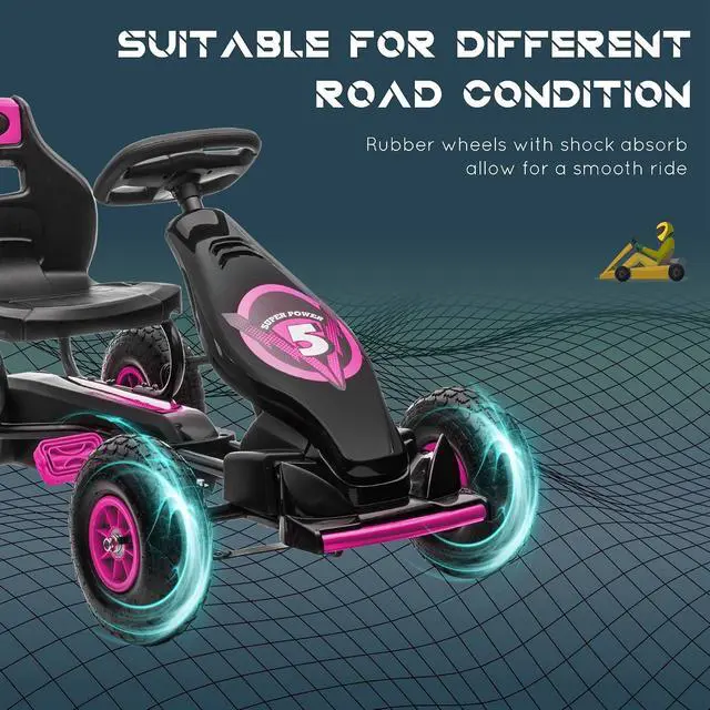 Alt view image 5 of 7 - Kids Pedal Go Kart Ride-on Toy Ergonomic Comfort Ages 5-12 Pink | Pedal Car, Tough Wear-Resistant Tread, Go Cart Kids Car for Boys & Girls, Suspension System, Safety Hand Brake