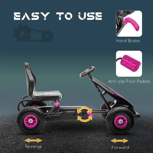Alt view image 4 of 7 - Kids Pedal Go Kart Ride-on Toy Ergonomic Comfort Ages 5-12 Pink | Pedal Car, Tough Wear-Resistant Tread, Go Cart Kids Car for Boys & Girls, Suspension System, Safety Hand Brake