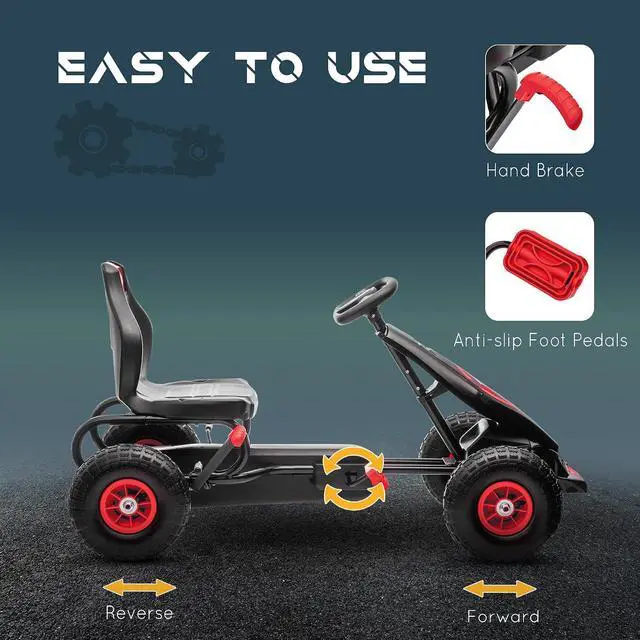 Alt view image 4 of 7 - Kids Pedal Go Kart Ride-on Toy Ergonomic Comfort Ages 5-12 Red | Pedal Car, Tough Wear-Resistant Tread, Go Cart Kids Car for Boys & Girls, Suspension System, Safety Hand Brake