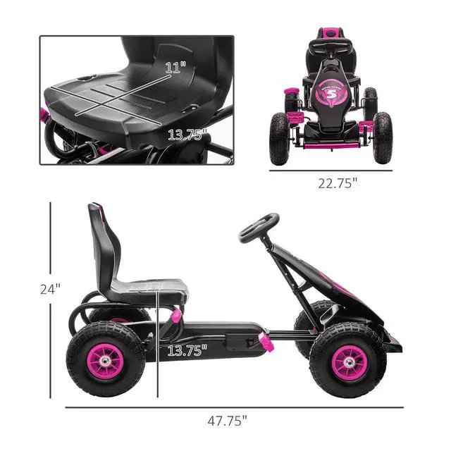 Alt view image 7 of 7 - Kids Pedal Go Kart Ride-on Toy Ergonomic Comfort Ages 5-12 Pink | Pedal Car, Tough Wear-Resistant Tread, Go Cart Kids Car for Boys & Girls, Suspension System, Safety Hand Brake