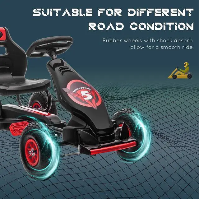 Alt view image 5 of 7 - Kids Pedal Go Kart Ride-on Toy Ergonomic Comfort Ages 5-12 Red | Pedal Car, Tough Wear-Resistant Tread, Go Cart Kids Car for Boys & Girls, Suspension System, Safety Hand Brake