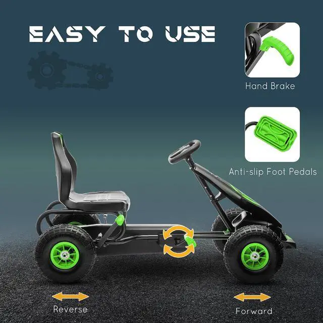 Alt view image 4 of 7 - Kids Pedal Go Kart Ride-on Toy Ergonomic Comfort Ages 5-12 Green | Pedal Car, Tough Wear-Resistant Tread, Go Cart Kids Car for Boys & Girls, Suspension System, Safety Hand Brake