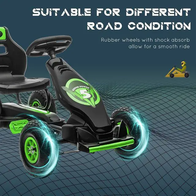 Alt view image 5 of 7 - Kids Pedal Go Kart Ride-on Toy Ergonomic Comfort Ages 5-12 Green | Pedal Car, Tough Wear-Resistant Tread, Go Cart Kids Car for Boys & Girls, Suspension System, Safety Hand Brake